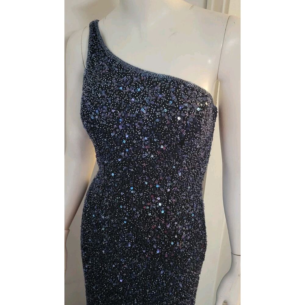 Scala Formal Dress 100% Silk Sz. S Navy Blue Beaded One Shoulder Lattice Back - Picture 14 of 14